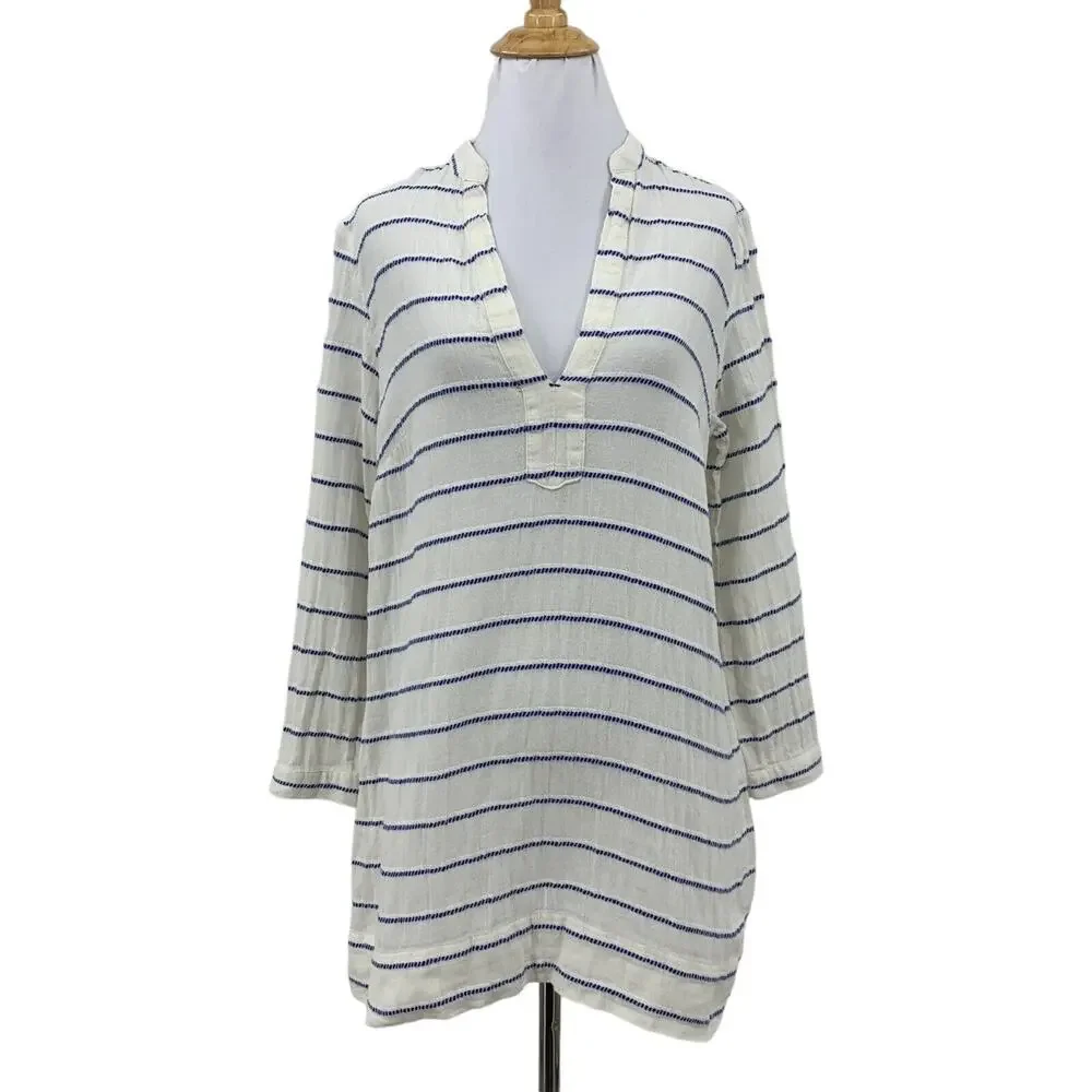 J Crew Striped Tunic Shirt Womens XS Extra Small Low Cut V Neck 3/4 Sleeves Top